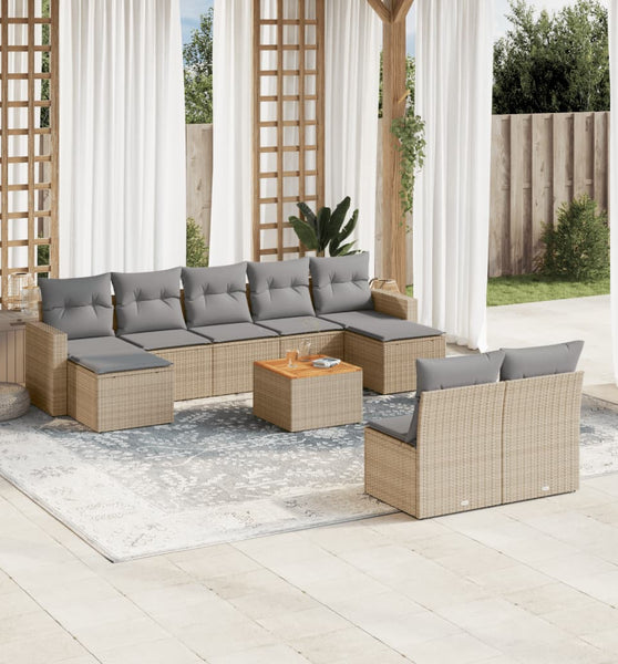 10-tlg. Garten-Sofagarnitur mit Kissen Beige Poly Rattan