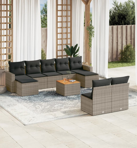 10-tlg. Garten-Sofagarnitur mit Kissen Grau Poly Rattan