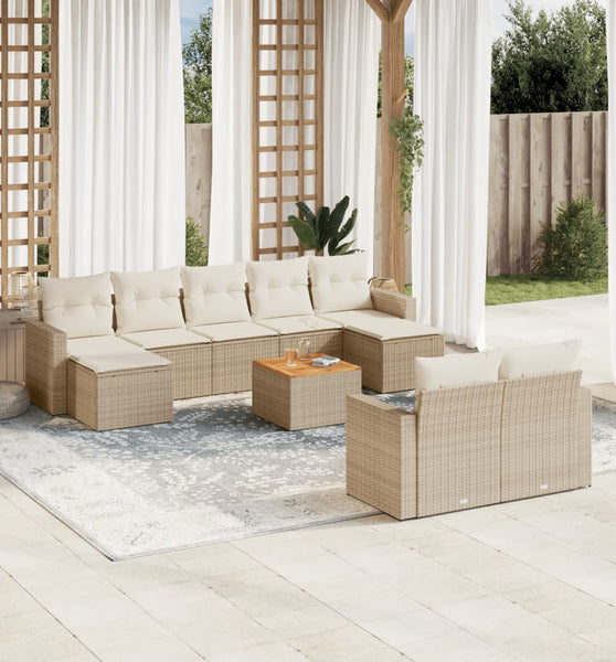 10-tlg. Garten-Sofagarnitur mit Kissen Beige Poly Rattan