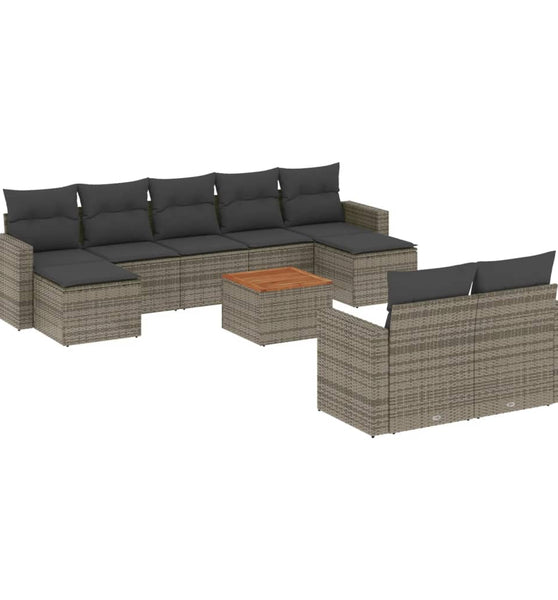 10-tlg. Garten-Sofagarnitur mit Kissen Grau Poly Rattan