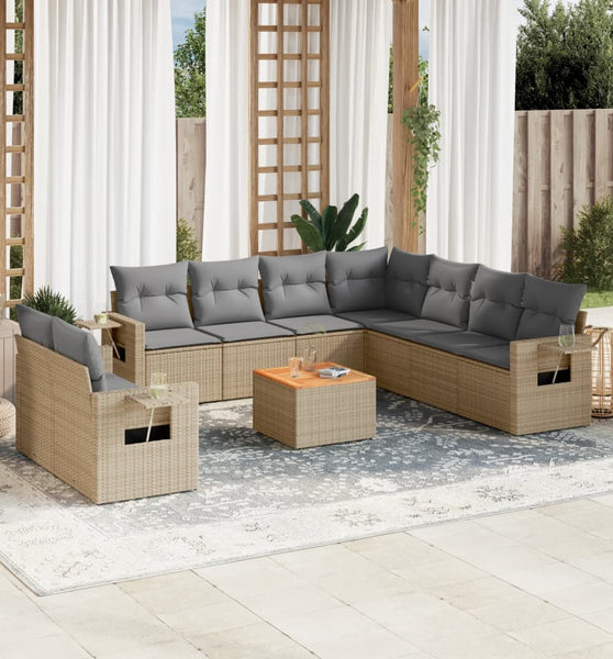 10-tlg. Garten-Sofagarnitur mit Kissen Beige Poly Rattan