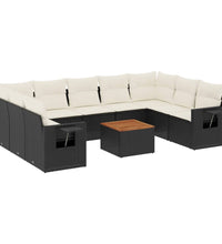 10-tlg. Garten-Sofagarnitur mit Kissen Schwarz Poly Rattan