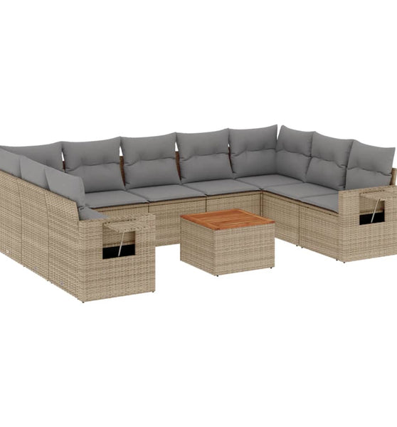 10-tlg. Garten-Sofagarnitur mit Kissen Beige Poly Rattan