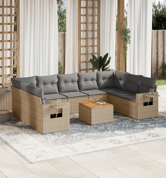 10-tlg. Garten-Sofagarnitur mit Kissen Beige Poly Rattan
