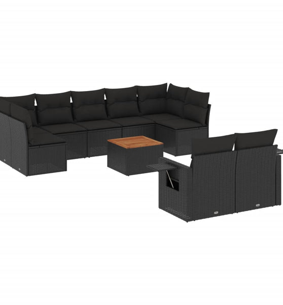 10-tlg. Garten-Sofagarnitur mit Kissen Schwarz Poly Rattan