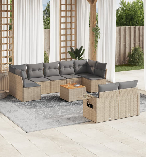 10-tlg. Garten-Sofagarnitur mit Kissen Beige Poly Rattan