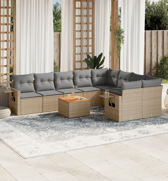 10-tlg. Garten-Sofagarnitur mit Kissen Beige Poly Rattan