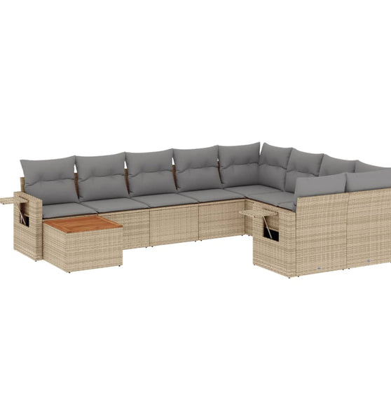 10-tlg. Garten-Sofagarnitur mit Kissen Beige Poly Rattan