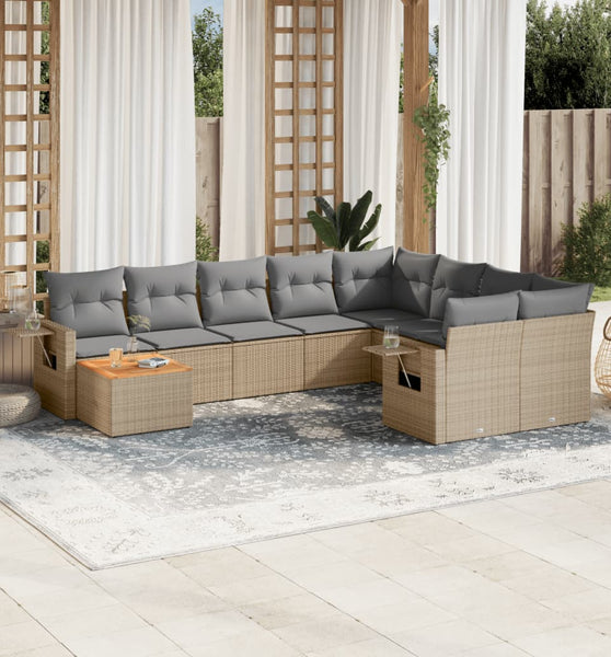 10-tlg. Garten-Sofagarnitur mit Kissen Beige Poly Rattan