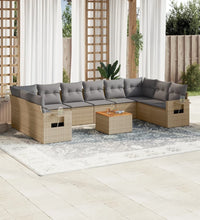 11-tlg. Garten-Sofagarnitur mit Kissen Beige Poly Rattan