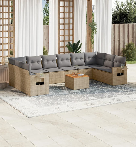 11-tlg. Garten-Sofagarnitur mit Kissen Beige Poly Rattan