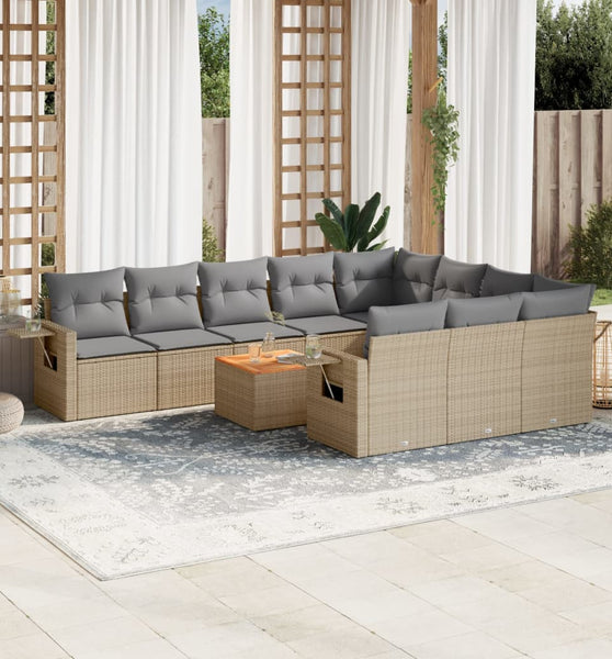 11-tlg. Garten-Sofagarnitur mit Kissen Beige Poly Rattan