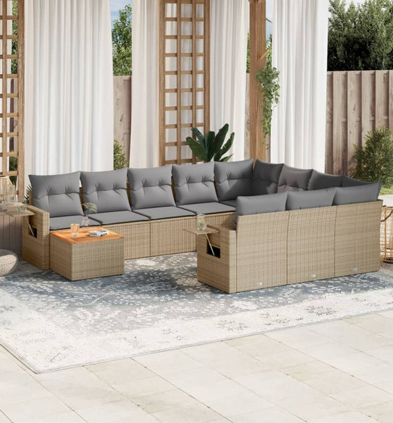 11-tlg. Garten-Sofagarnitur mit Kissen Beige Poly Rattan