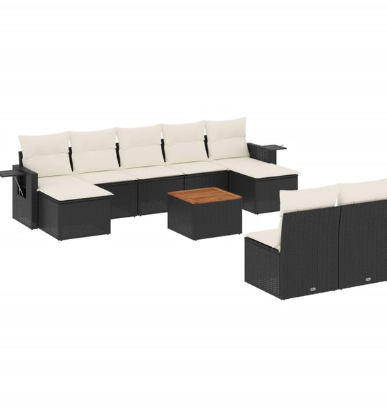 10-tlg. Garten-Sofagarnitur mit Kissen Schwarz Poly Rattan