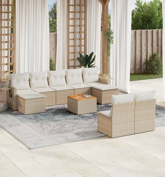 10-tlg. Garten-Sofagarnitur mit Kissen Beige Poly Rattan