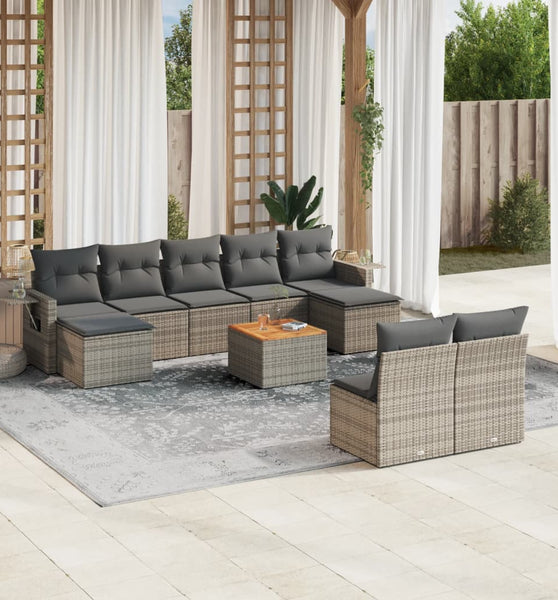 10-tlg. Garten-Sofagarnitur mit Kissen Grau Poly Rattan