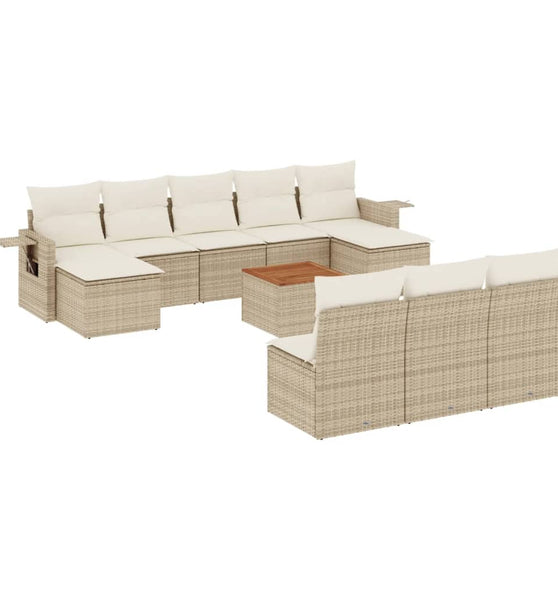 11-tlg. Garten-Sofagarnitur mit Kissen Beige Poly Rattan