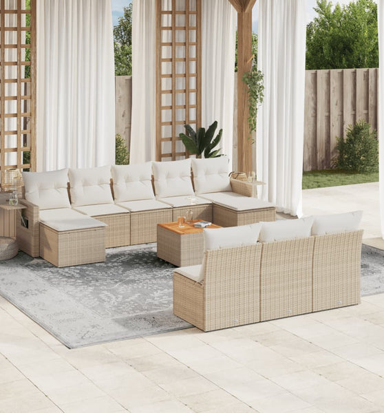 11-tlg. Garten-Sofagarnitur mit Kissen Beige Poly Rattan