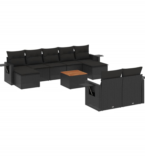 10-tlg. Garten-Sofagarnitur mit Kissen Schwarz Poly Rattan