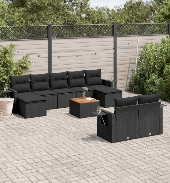 10-tlg. Garten-Sofagarnitur mit Kissen Schwarz Poly Rattan