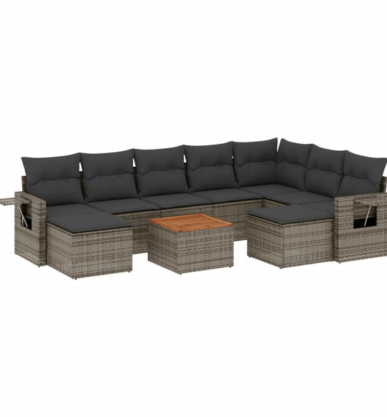 10-tlg. Garten-Sofagarnitur mit Kissen Grau Poly Rattan
