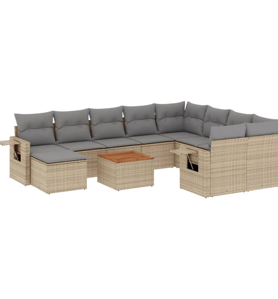 11-tlg. Garten-Sofagarnitur mit Kissen Beige Poly Rattan