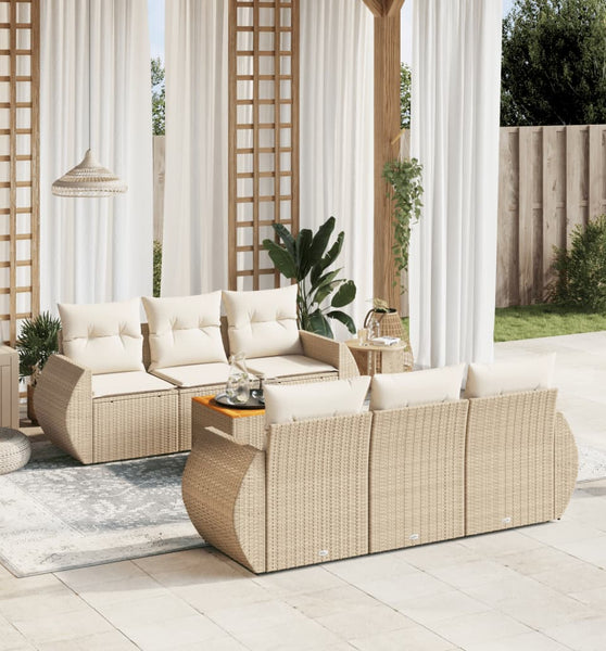 7-tlg. Garten-Sofagarnitur mit Kissen Beige Poly Rattan