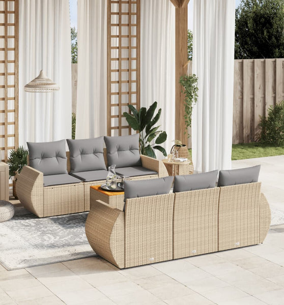7-tlg. Garten-Sofagarnitur mit Kissen Beige Poly Rattan
