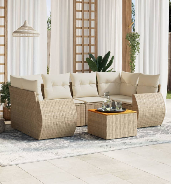 7-tlg. Garten-Sofagarnitur mit Kissen Beige Poly Rattan