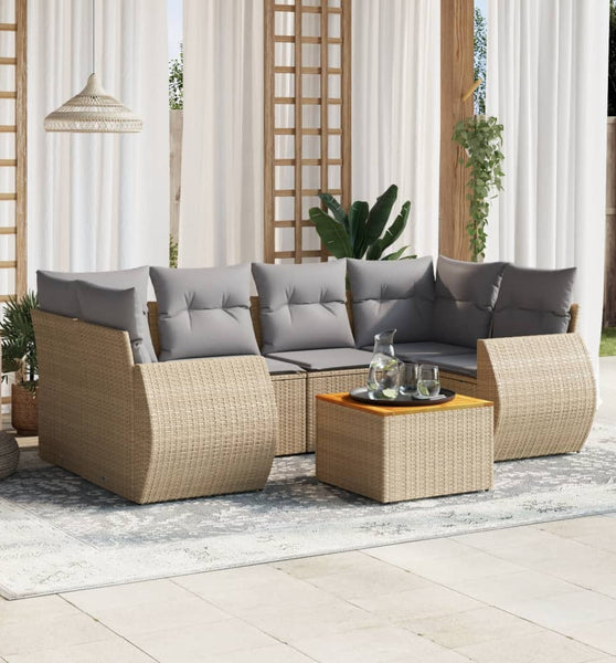 7-tlg. Garten-Sofagarnitur mit Kissen Beige Poly Rattan