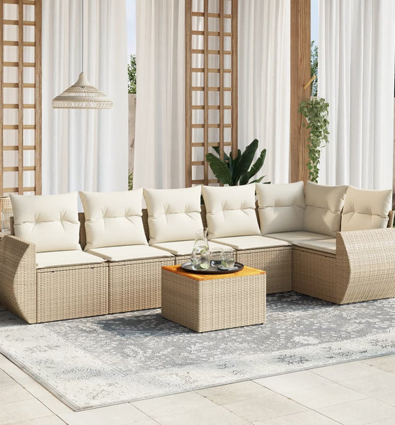 7-tlg. Garten-Sofagarnitur mit Kissen Beige Poly Rattan