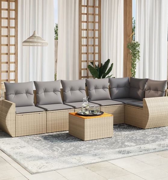 7-tlg. Garten-Sofagarnitur mit Kissen Beige Poly Rattan