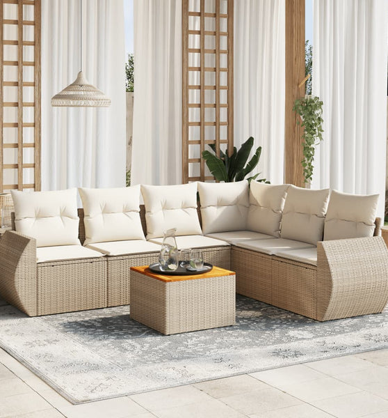 7-tlg. Garten-Sofagarnitur mit Kissen Beige Poly Rattan