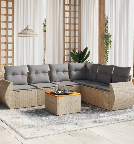 7-tlg. Garten-Sofagarnitur mit Kissen Beige Poly Rattan