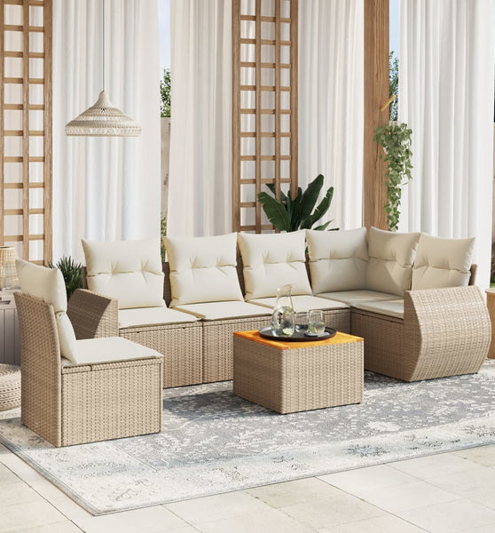 7-tlg. Garten-Sofagarnitur mit Kissen Beige Poly Rattan