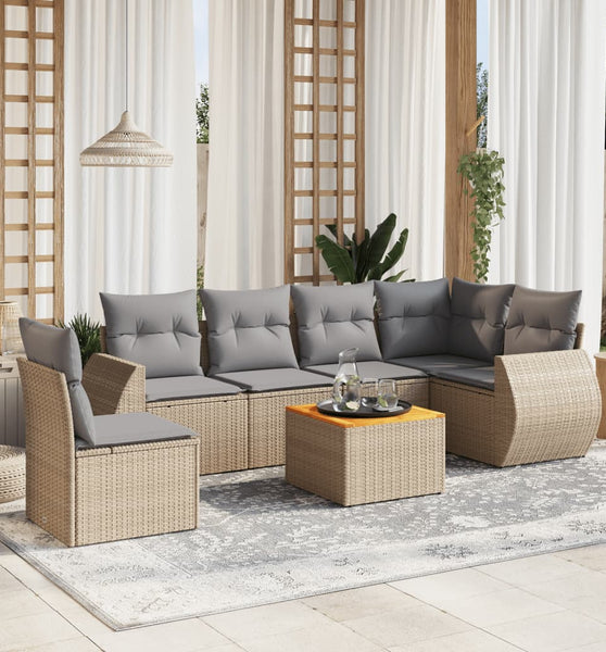 7-tlg. Garten-Sofagarnitur mit Kissen Beige Poly Rattan