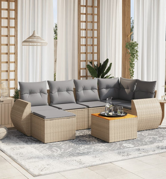 7-tlg. Garten-Sofagarnitur mit Kissen Beige Poly Rattan