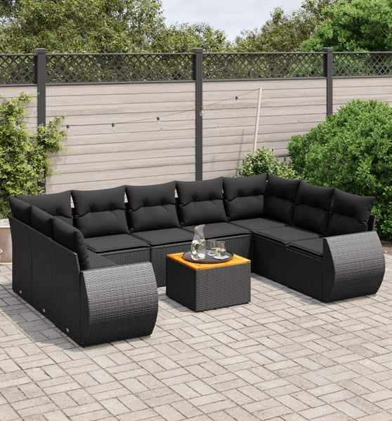 10-tlg. Garten-Sofagarnitur mit Kissen Schwarz Poly Rattan