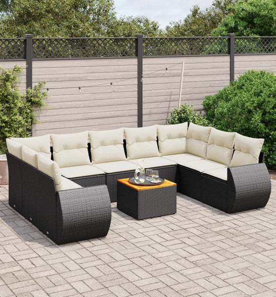10-tlg. Garten-Sofagarnitur mit Kissen Schwarz Poly Rattan