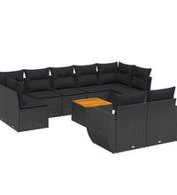 10-tlg. Garten-Sofagarnitur mit Kissen Schwarz Poly Rattan