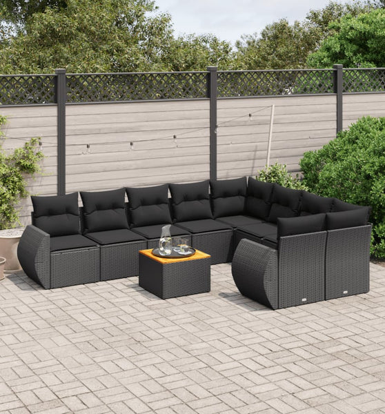 10-tlg. Garten-Sofagarnitur mit Kissen Schwarz Poly Rattan