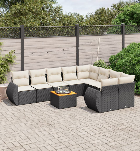 10-tlg. Garten-Sofagarnitur mit Kissen Schwarz Poly Rattan