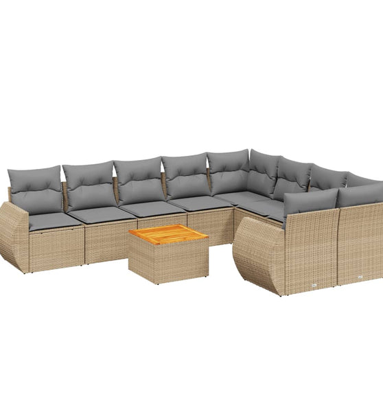 10-tlg. Garten-Sofagarnitur mit Kissen Beige Poly Rattan