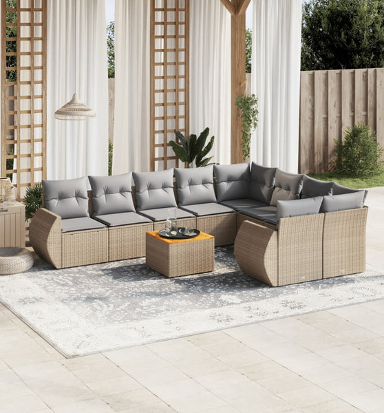 10-tlg. Garten-Sofagarnitur mit Kissen Beige Poly Rattan