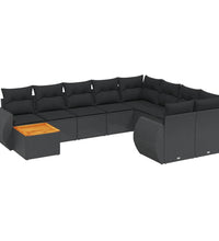 10-tlg. Garten-Sofagarnitur mit Kissen Schwarz Poly Rattan