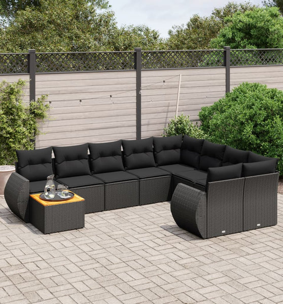 10-tlg. Garten-Sofagarnitur mit Kissen Schwarz Poly Rattan