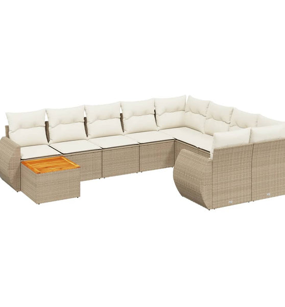 10-tlg. Garten-Sofagarnitur mit Kissen Beige Poly Rattan