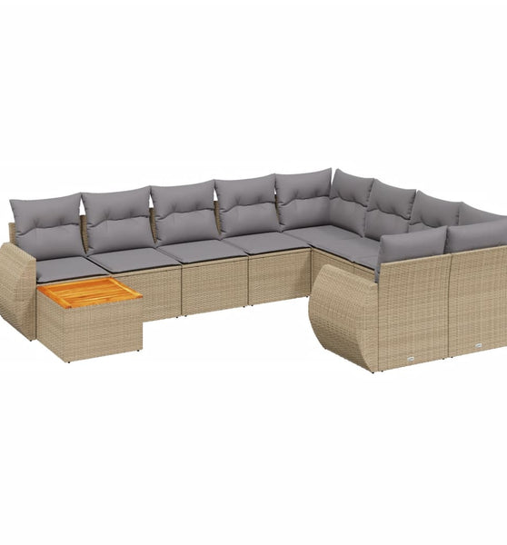 10-tlg. Garten-Sofagarnitur mit Kissen Beige Poly Rattan