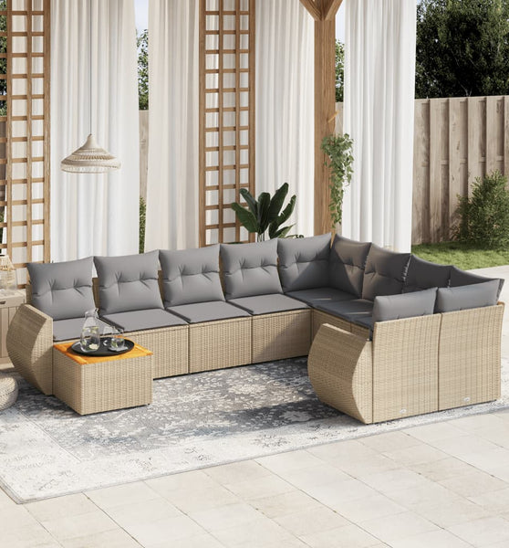 10-tlg. Garten-Sofagarnitur mit Kissen Beige Poly Rattan