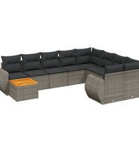 10-tlg. Garten-Sofagarnitur mit Kissen Grau Poly Rattan